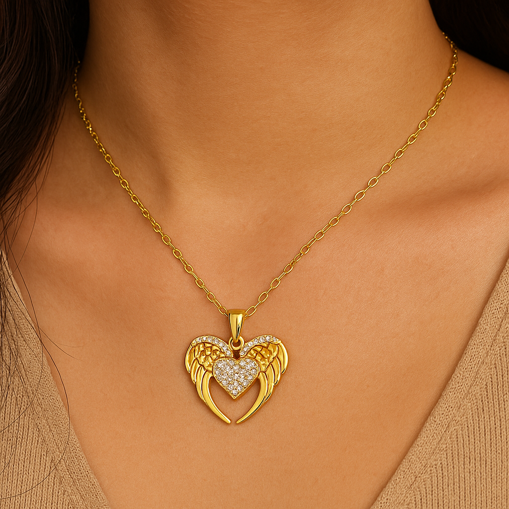 Alloy Golden Antitarnish Angel Wings Heart Necklace