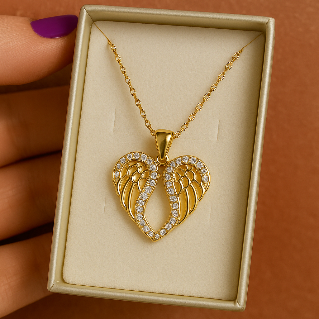 Alloy Golden Antitarnish Angel Wings Heart Necklace
