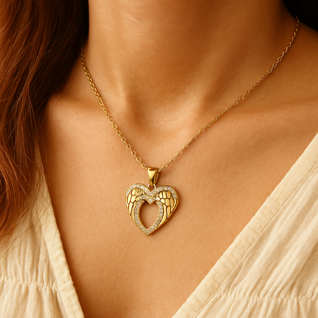 Alloy Golden Antitarnish Angel Wings Heart Necklace