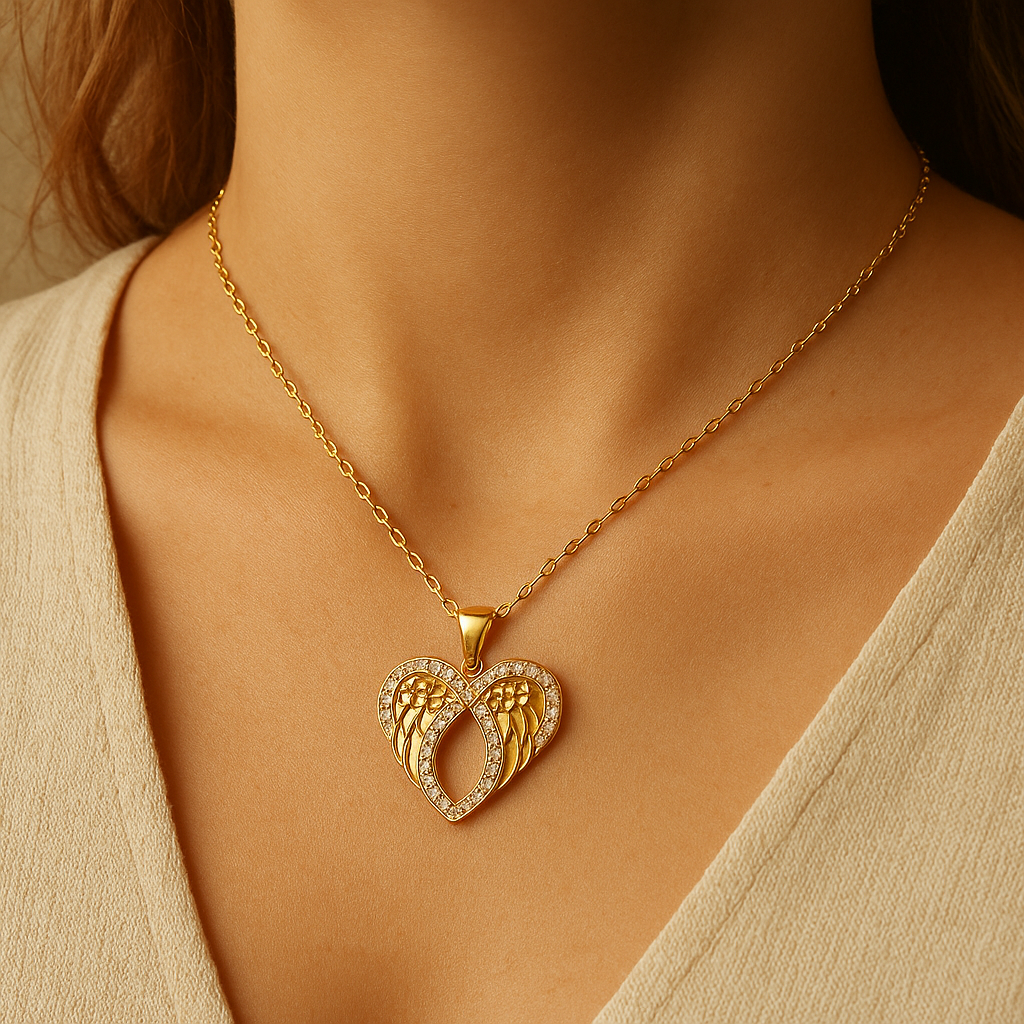Alloy Golden Antitarnish Angel Wings Heart Necklace